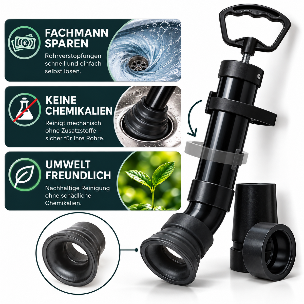 Suction-pressure drain cleaner with three adapters