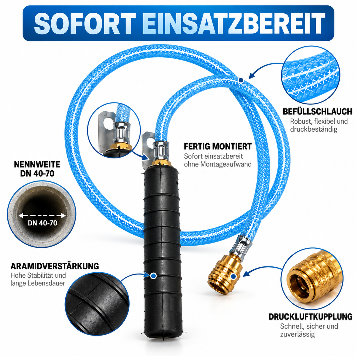 Rohr-Absperrblase Plugy DN 40-70 (2,5 bar) mit Druckluftschlauch