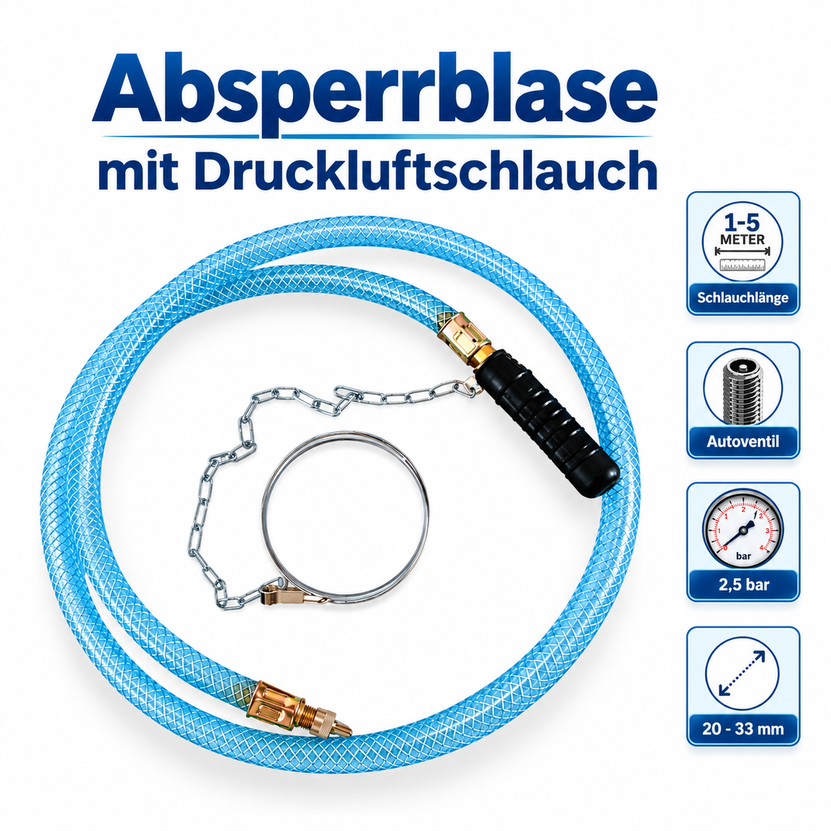 Pipe sealing bladder Plugy Z1 with tire valve and 1-5 m compressed-air hose