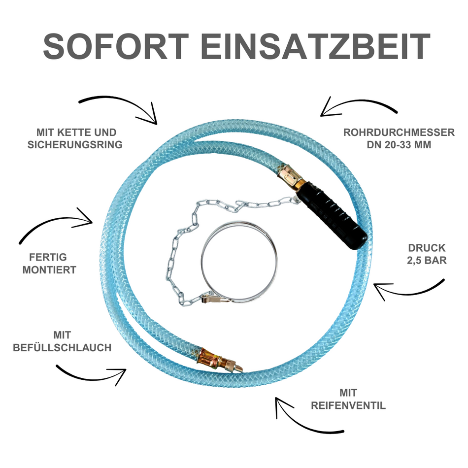 Rohr-Absperrblase Plugy Z1 mit Reifenventil und 1-5 m Druckluftschlauch