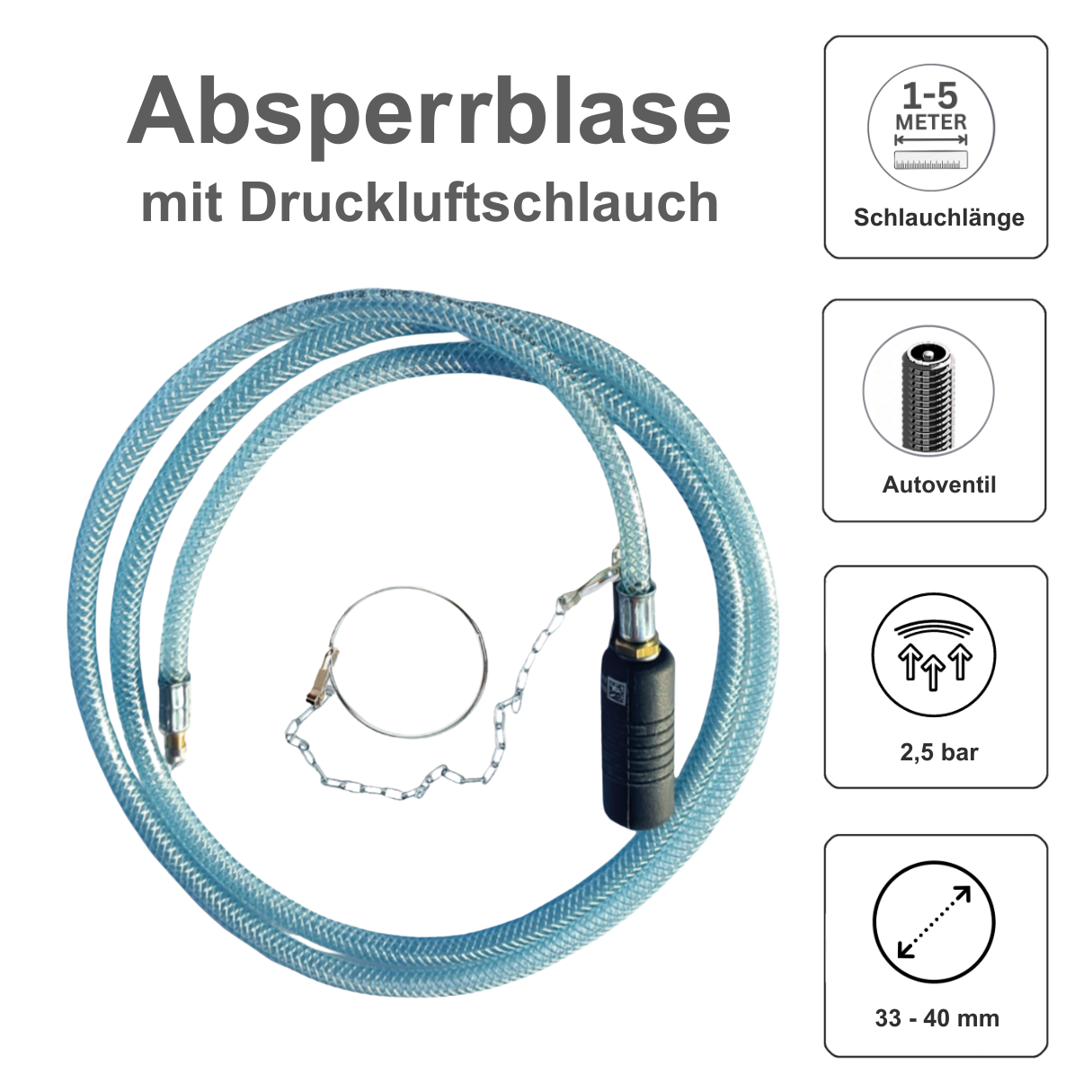 Rohr-Absperrblase Plugy Z1 1/2 - Reifenventil und 4 m Druckluftschlauch - Syskan - Online Shop: Abwassertechnik