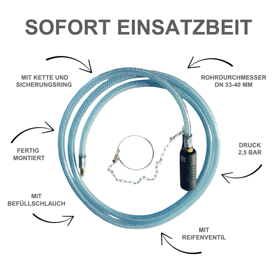 Rohr-Absperrblase Plugy Z1 1/2 mit Reifenventil und 1-5 m Druckluftschlauch
