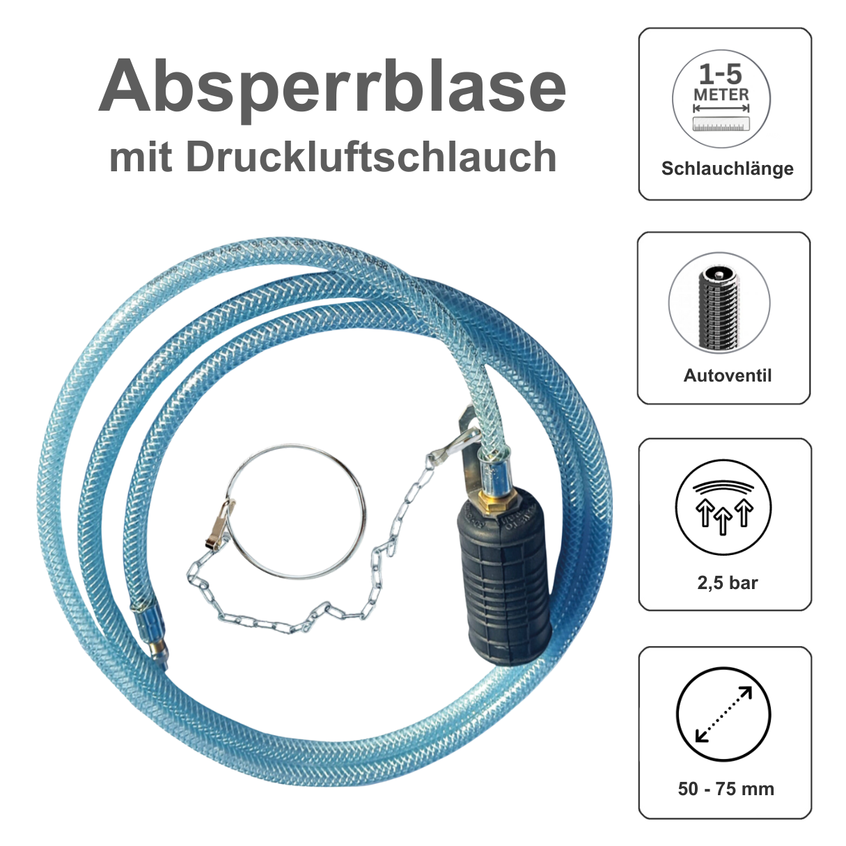 Rohr-Absperrblase Plugy Z2-3 - Reifenventil und 2 m Druckluftschlauch - Syskan - Online Shop: Abwassertechnik