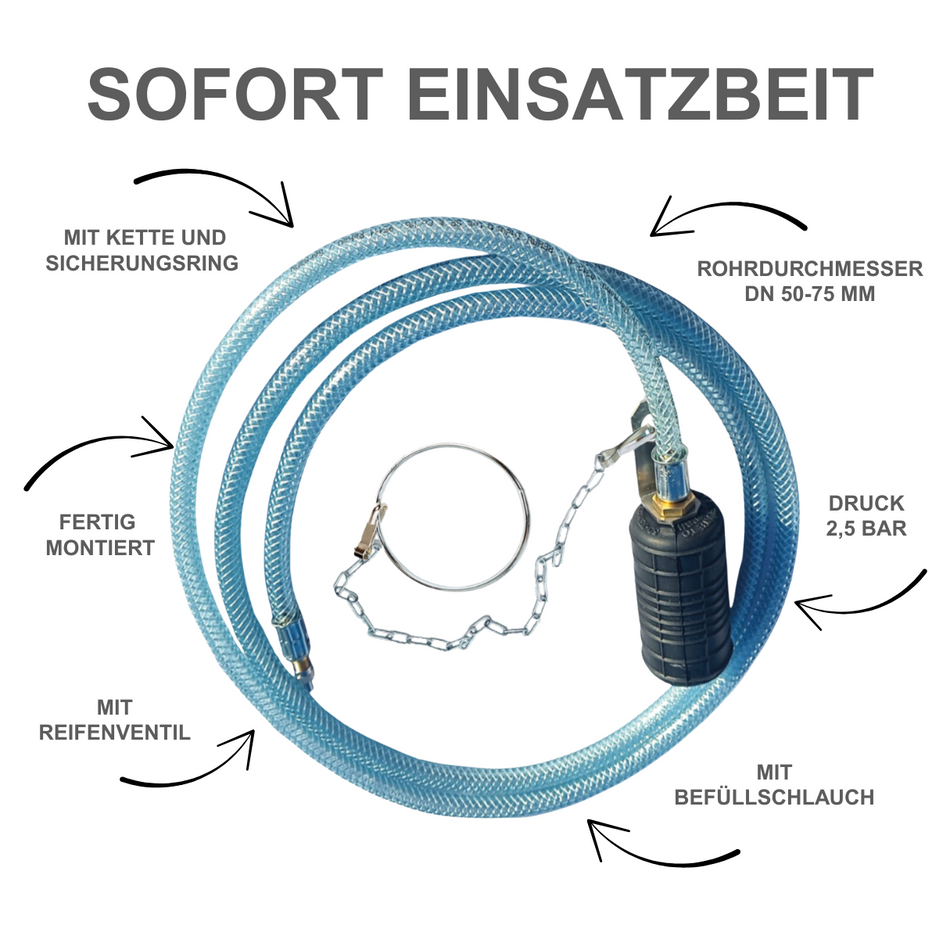 Rohr-Absperrblase Plugy Z2-3 mit Reifenventil und 1-5 m Druckluftschlauch