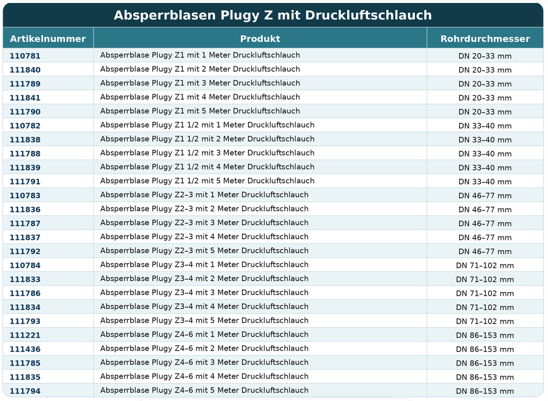 Rohr-Absperrblase Plugy Z4-6 mit Reifenventil und 1-5 m Druckluftschlauch