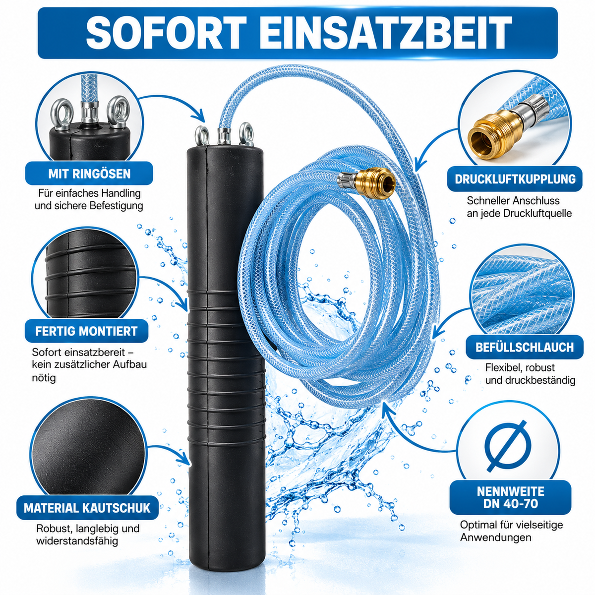 Rohr-Absperrblase Plugy DN 100-200 (2,5 bar) mit 1-5 m Druckluftschlauch