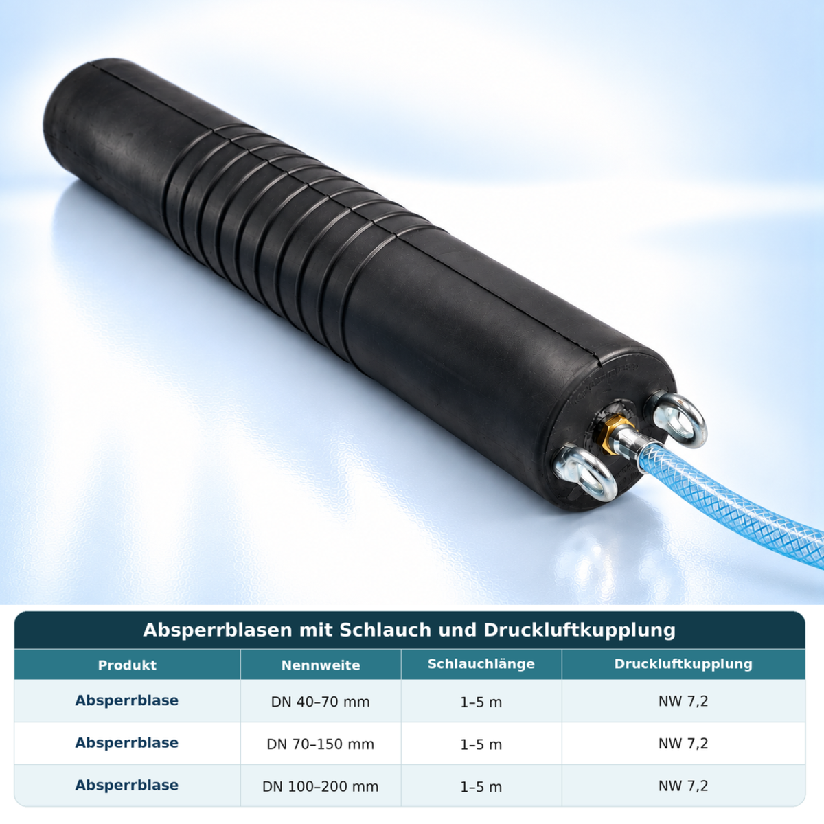 Pipe sealing bladder Plugy DN 70-150 (2,5 bar) with 2 m compressed-air hose