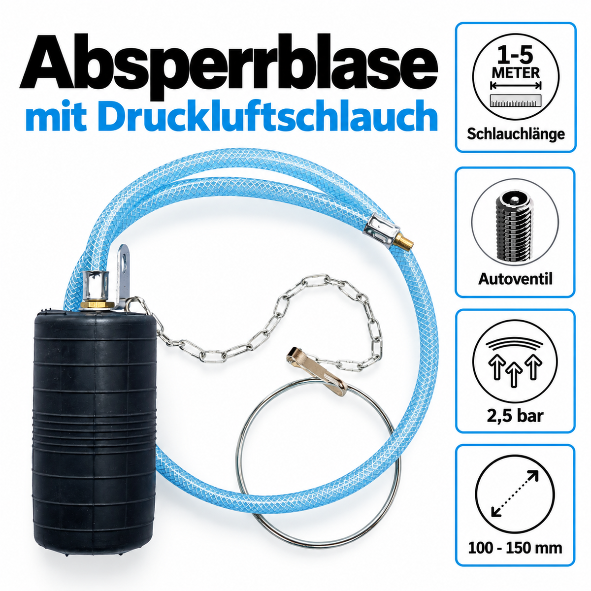 Rohr-Absperrblase Plugy Z4-6 mit Reifenventil und 1-5 m Druckluftschlauch