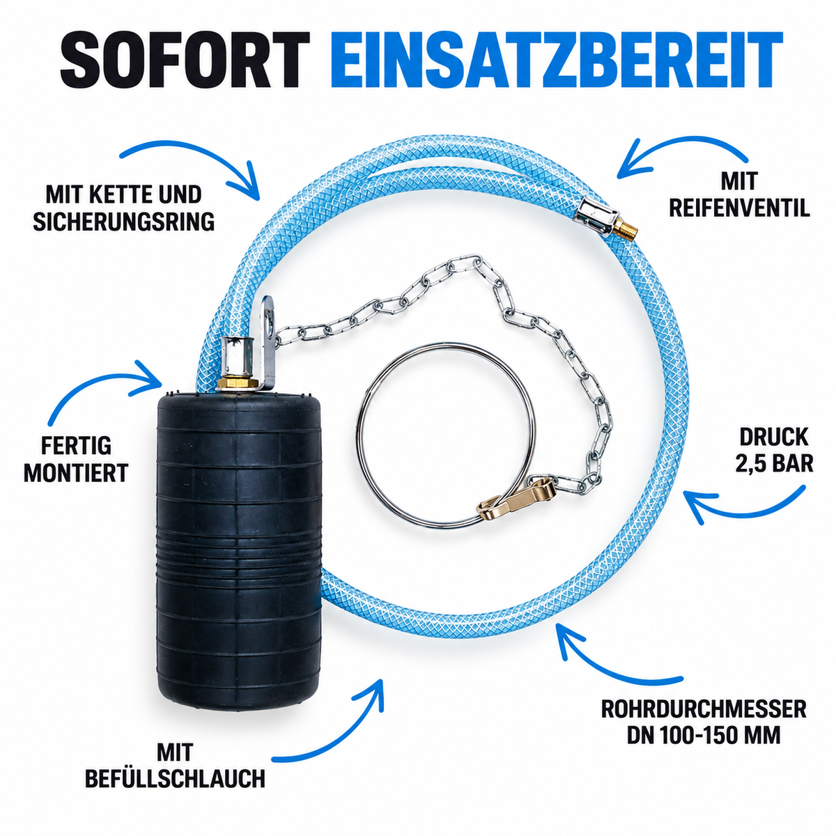Rohr-Absperrblase Plugy Z4-6 mit Reifenventil und 1-5 m Druckluftschlauch