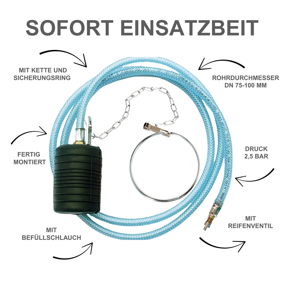 Rohr-Absperrblase Plugy Z3-4 mit Reifenventil und 1-5 m Druckluftschlauch