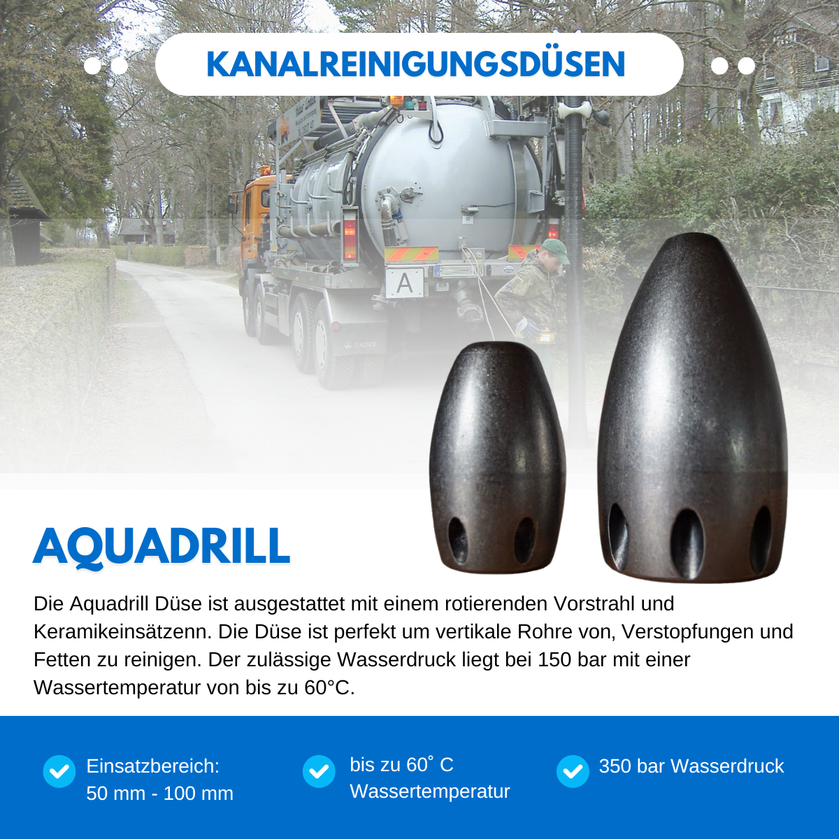 Aquadrill (Twister nozzle) 1" with pre-jet Ø 2,6 mm, cleaning nozzle with ceramic inserts
