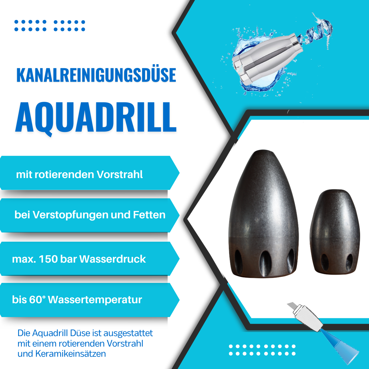 Aquadrill (Twister nozzle) 1" with pre-jet Ø 2,6 mm, cleaning nozzle with ceramic inserts