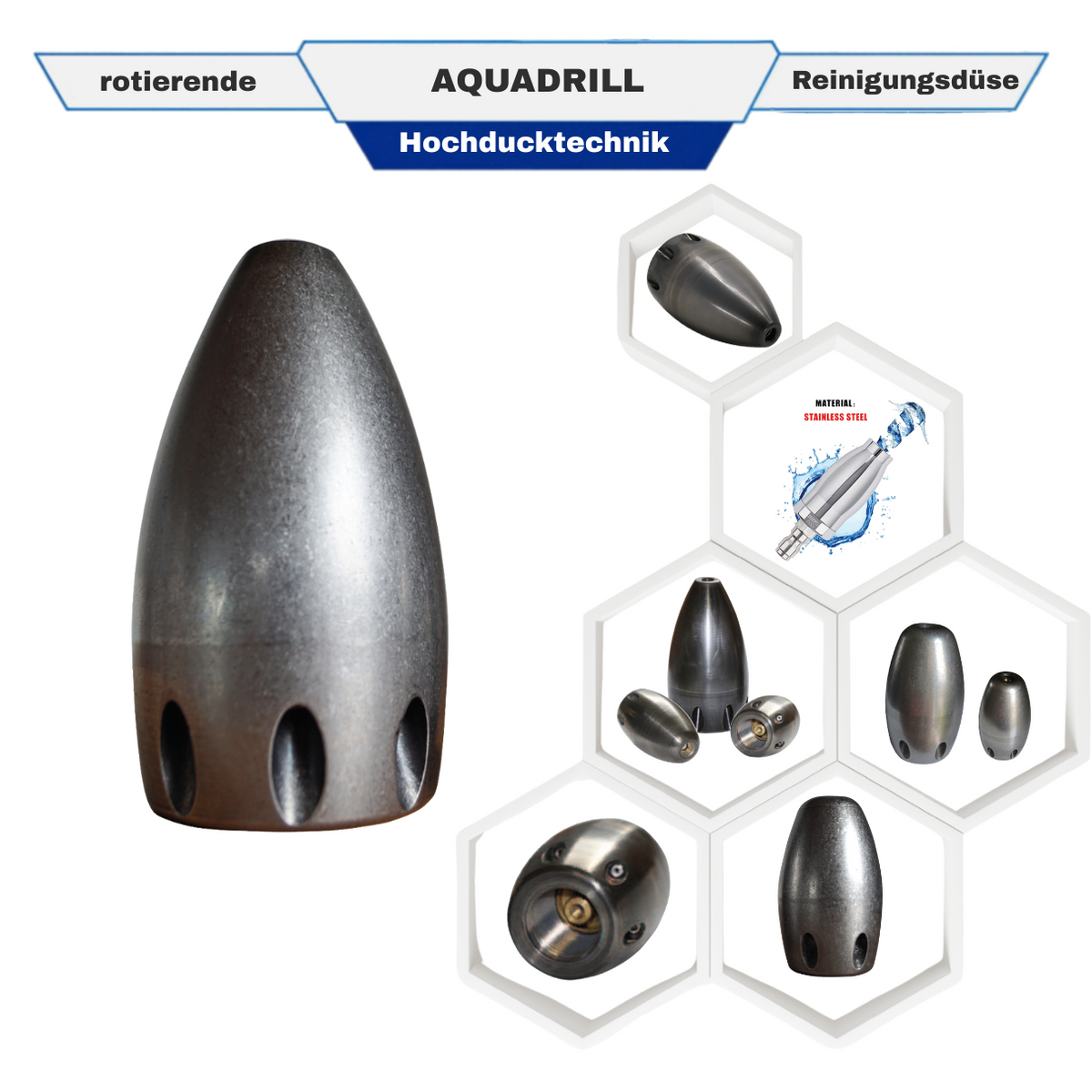 Aquadrill (Twister nozzle) 1/2" with pre-jet Ø 1,2 mm, cleaning nozzle with ceramic inserts
