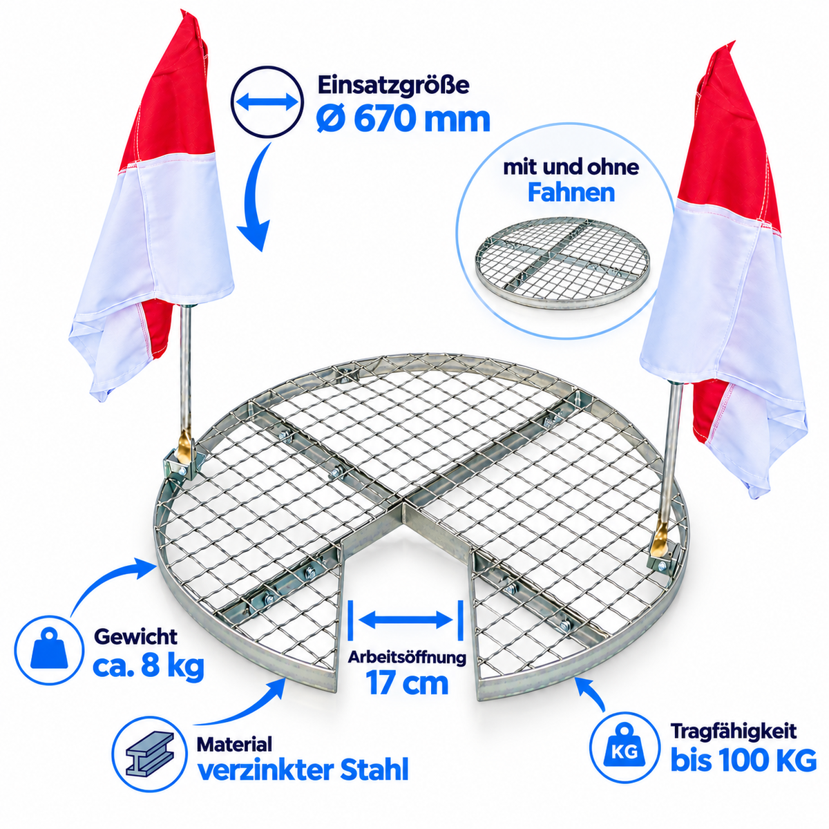 SG020 work grid Ø 670 mm manhole cover with opening (with flags)