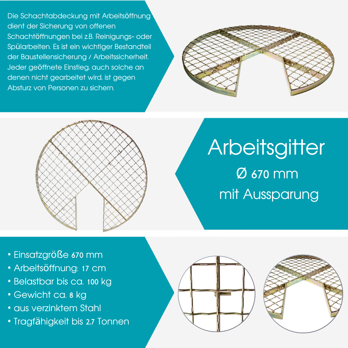 Arbeitsgitter SG021 Ø 670 mm Schachtabdeckung mit Aussparung (ohne Fahnen)