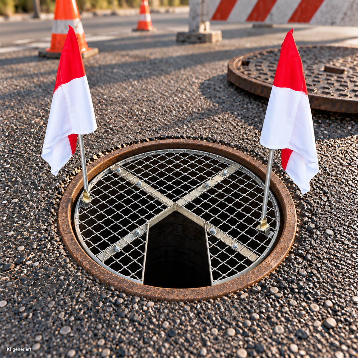 SG020 work grid Ø 670 mm manhole cover with opening (with flags)