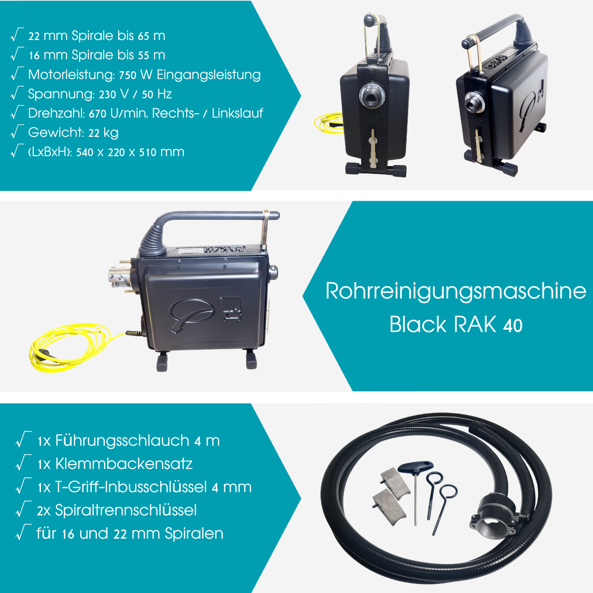 BLACK RAK-40 pipe-cleaning machine with guide hose