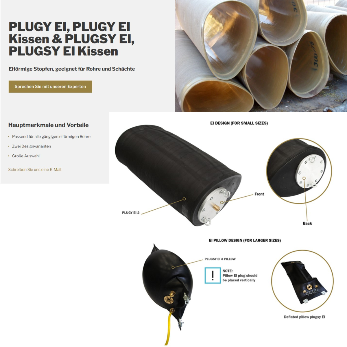 Plugy EI 3s pipe stopper, 600/900, egg-shaped (pillow)