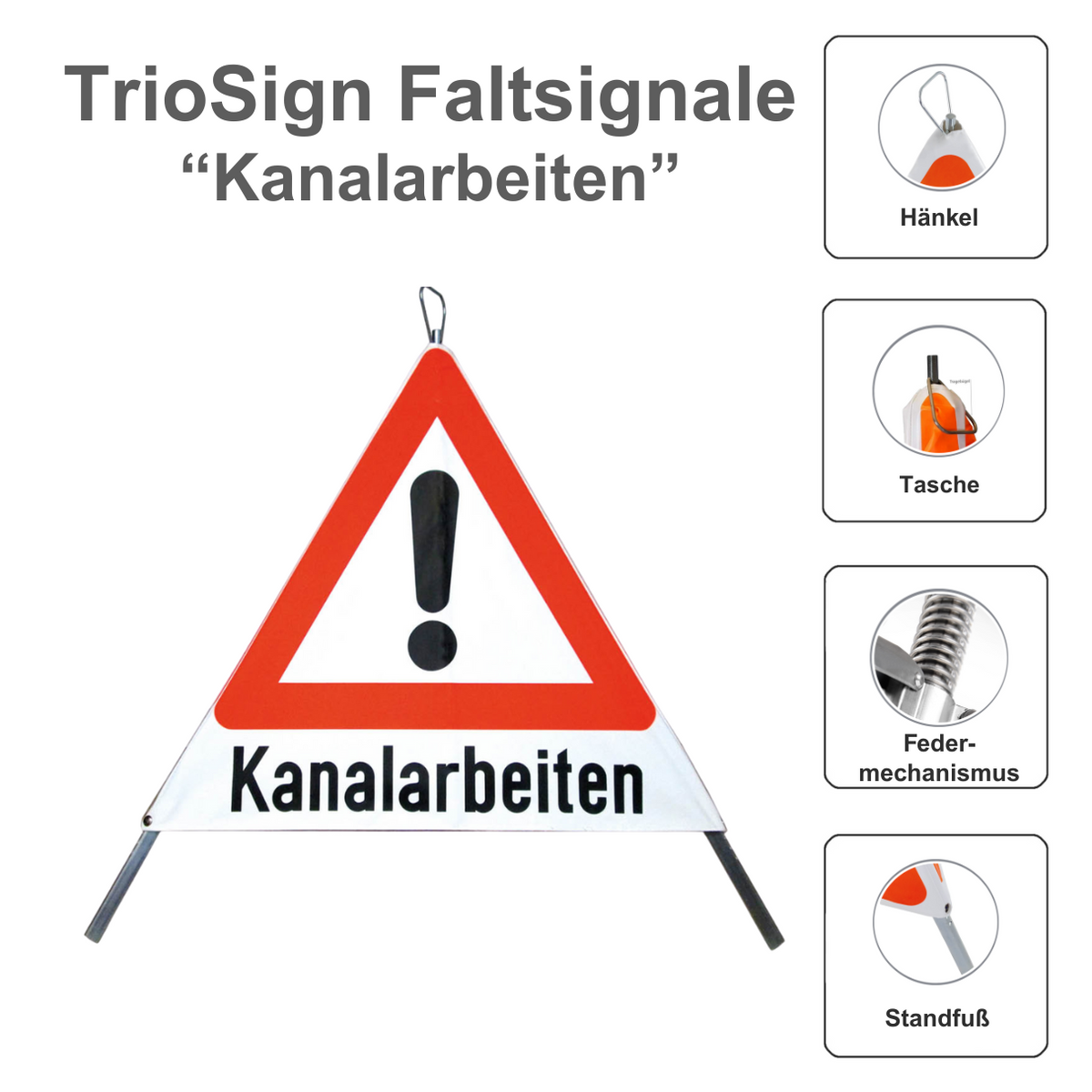 Faltsignal 90 cm [Gefahrstelle] "Kanalarbeiten" R1 stark reflektierend, Warndreieck