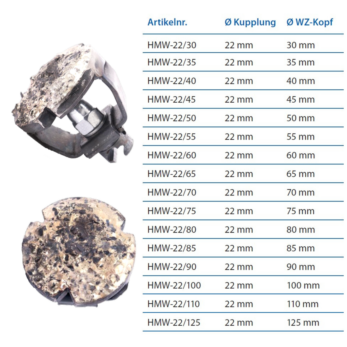 Hartmetallwerkzeug 22 mm Kupplung x Ø WZ-Kopf 125 mm