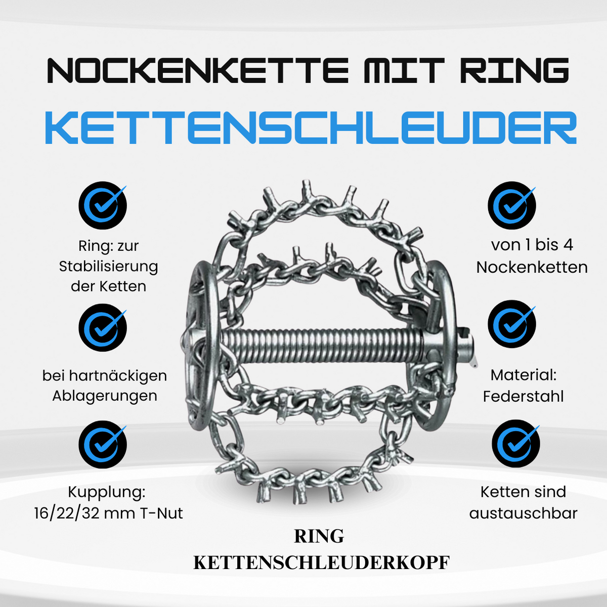 Kettenschleuder 32 mm, mit Ring, DN 75, 4 Nockenketten, Spiralaufsatz