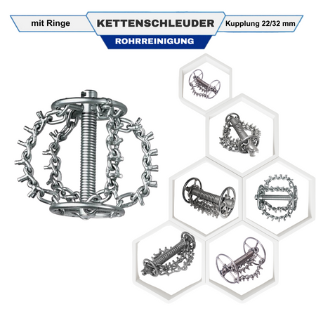 Kettenschleuder 32 mm, mit Ring, DN 75, 4 Nockenketten, Spiralaufsatz
