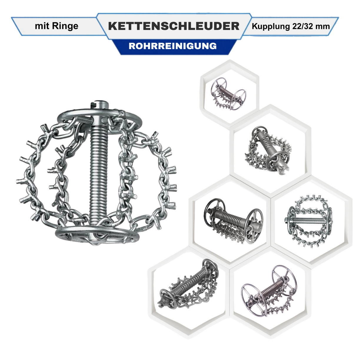 Kettenschleuder 32 mm, mit Ring, DN 150, 4 Nockenketten, Spiralaufsatz