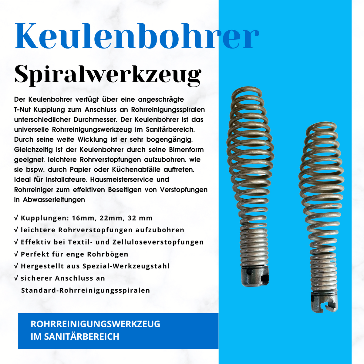 Keulenbohrer 16er Kupplung mit 22 mm Federdurchmesser - Syskan - Online Shop: Abwassertechnik