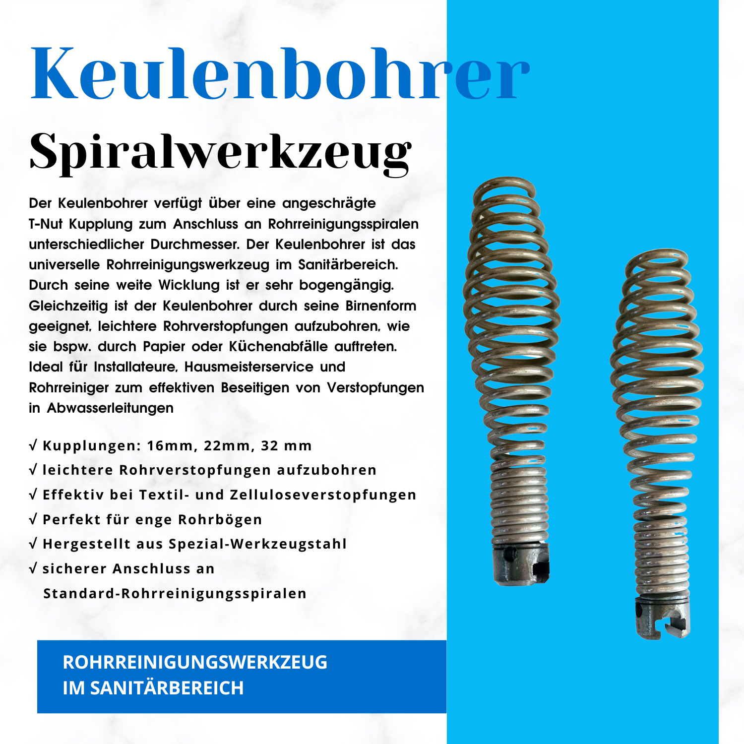 Keulenbohrer 16er Kupplung mit 22 mm Federdurchmesser - Syskan - Online Shop: Abwassertechnik