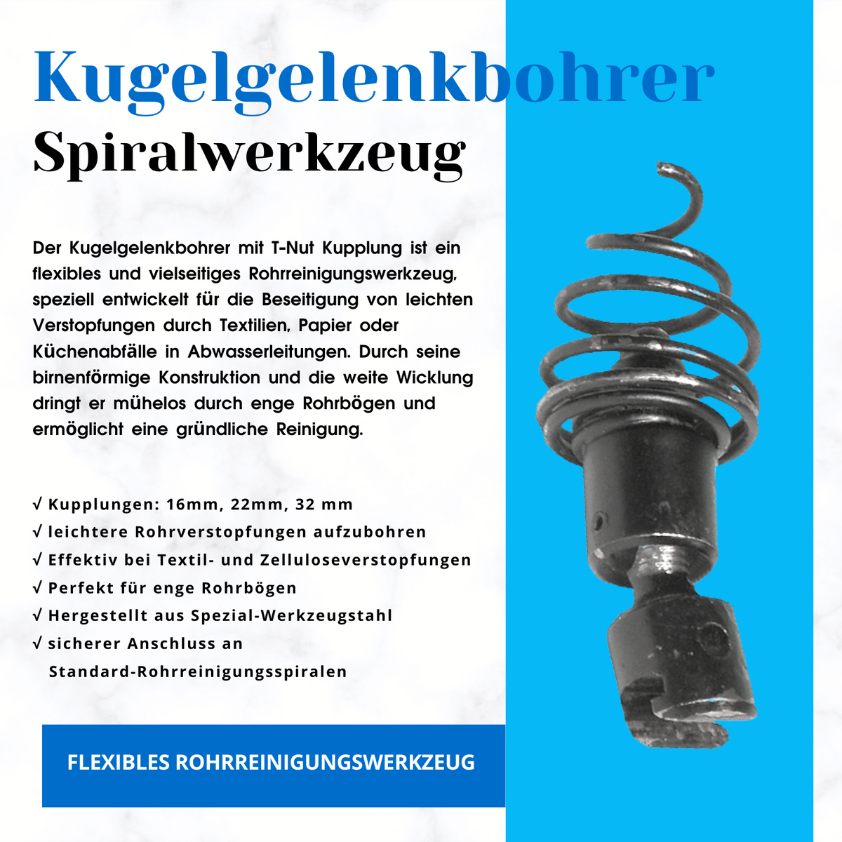 Kugelgelenkbohrer für 16 mm Standardspiralen, Spiralaufsatz