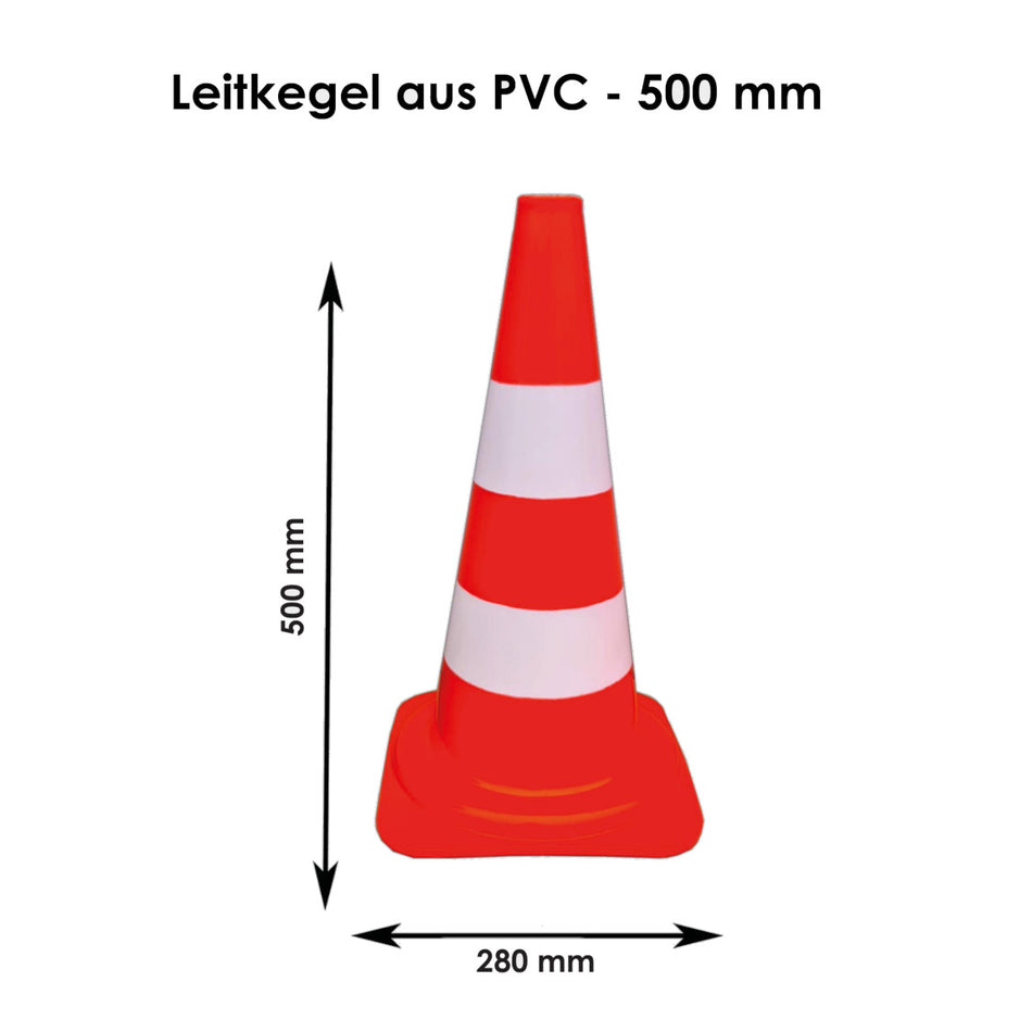 Cône de signalisation, rouge/blanc, 500 mm, PVC partiellement réfléchissant, pylône lumineux
