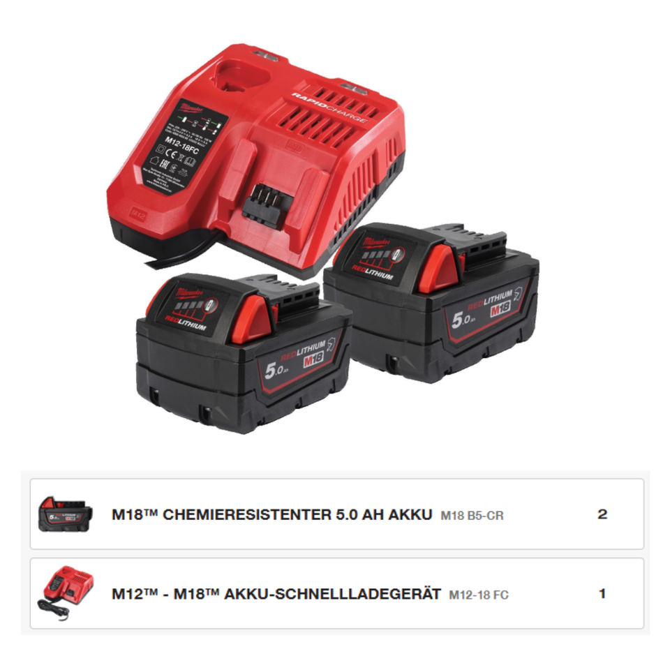Kit de batteries Milwaukee M18 B5 résistant aux produits chimiques (5.0 Ah, 18 V) NRGCR-502