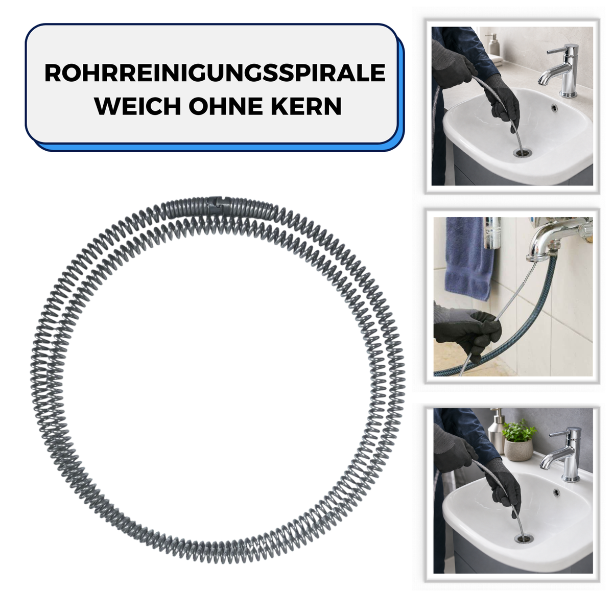 Drain-cleaning spiral 16 mm x 2 m long, flexible, without core