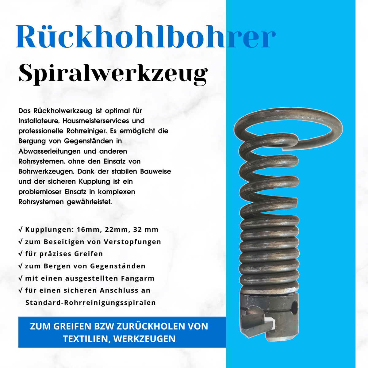 Rückholbohrer 16 mm Kupplung, Spiralaufsatz