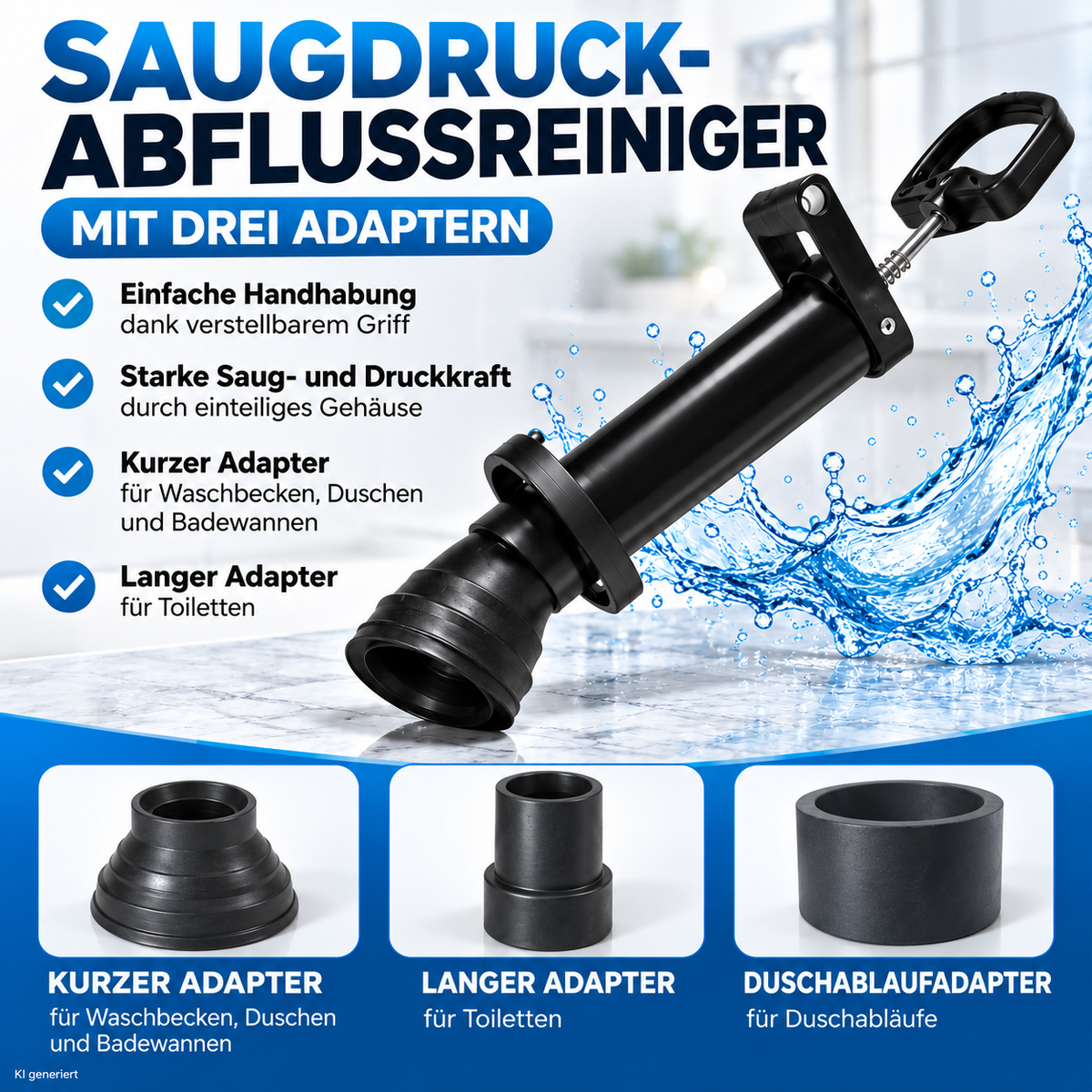 Suction-pressure drain cleaner with three adapters