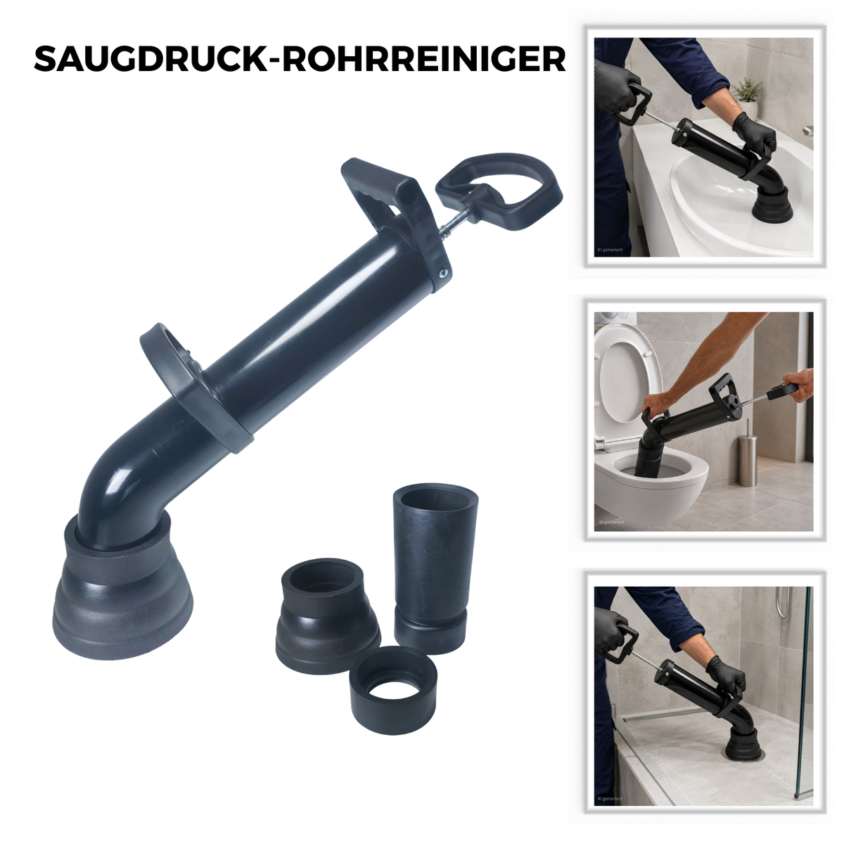 Suction-pressure drain cleaner with three adapters