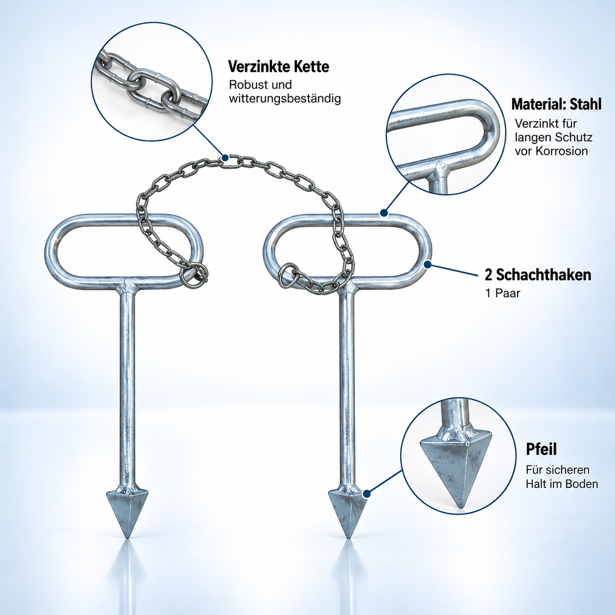 Schachthaken aus Edelstahl mit Kette (1 Paar)