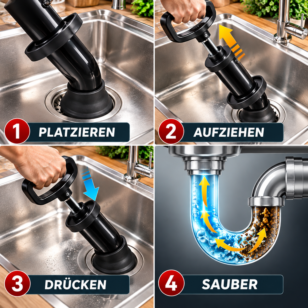 Suction-pressure drain cleaner with three adapters