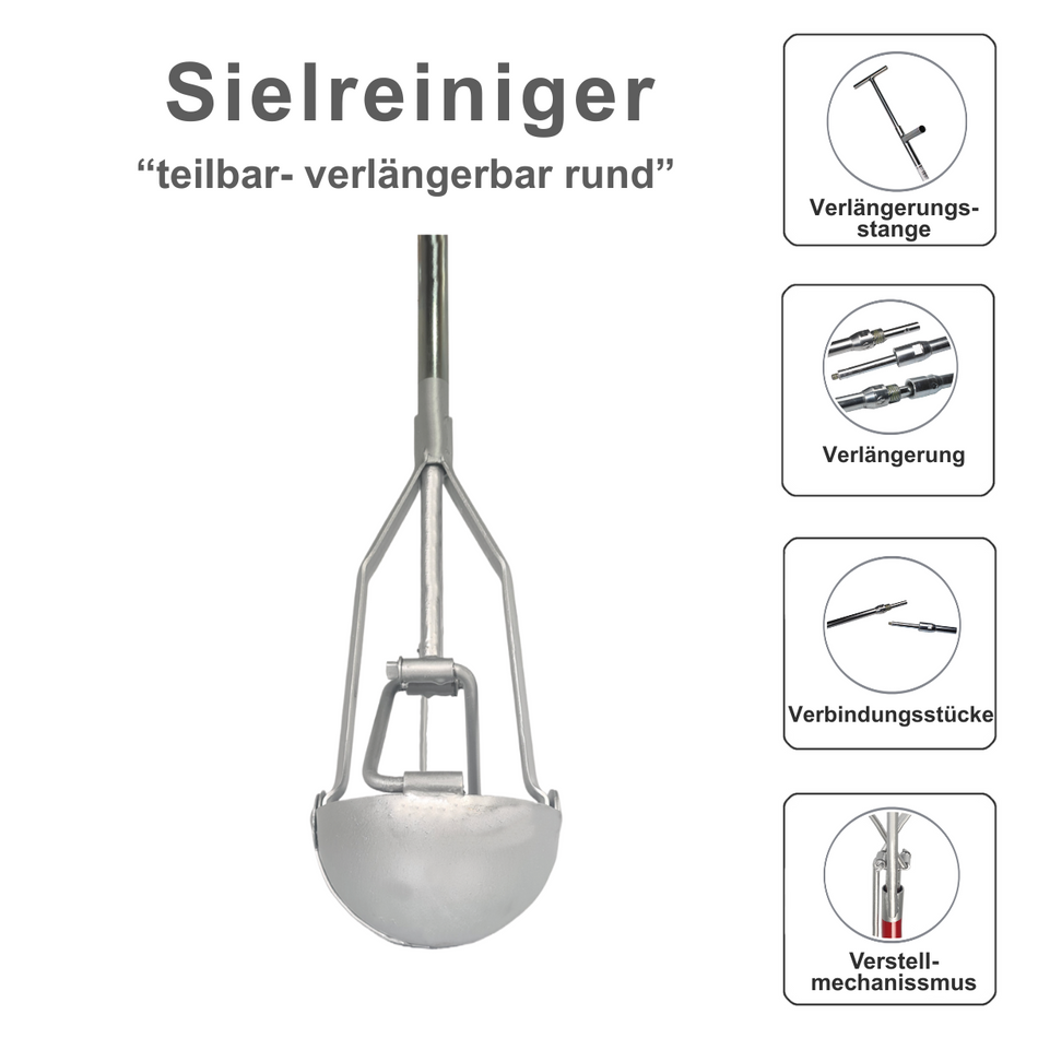 Sielreiniger, rund 2,5 m lang, 13 cm Ø, Handbagger verlängerbar