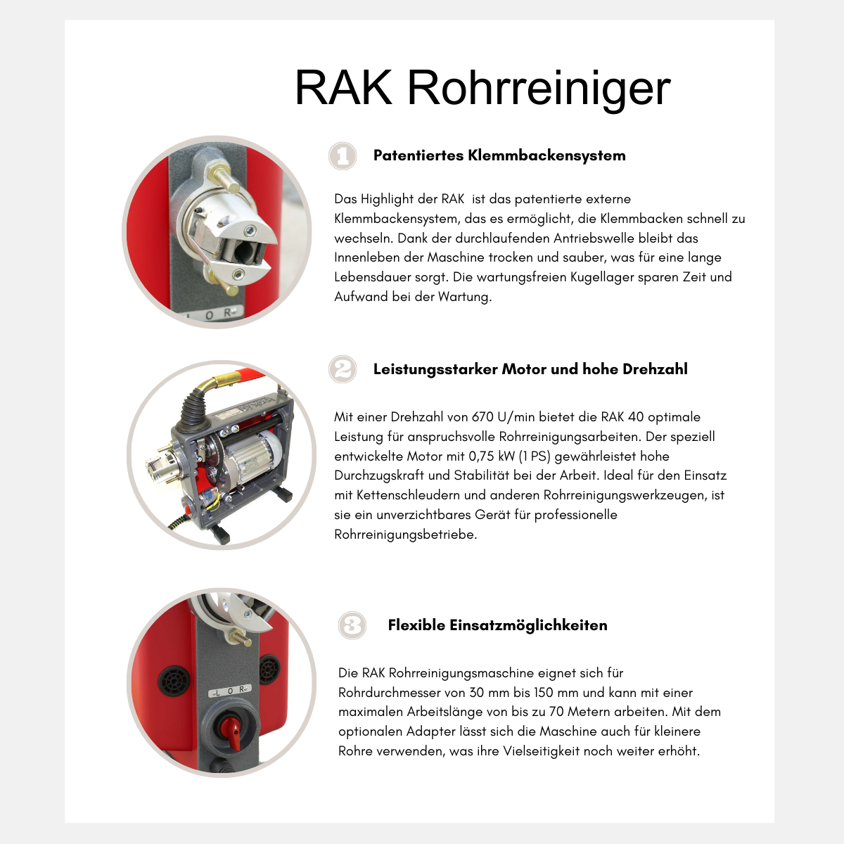 RAK-40 pipe-cleaning machine with 16+22 mm spirals and tools