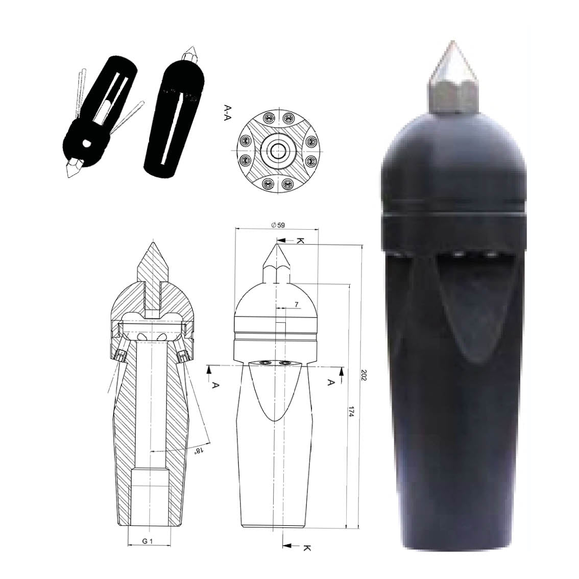 Torpedo nozzle 3/4", cleaning nozzle with ceramic inserts