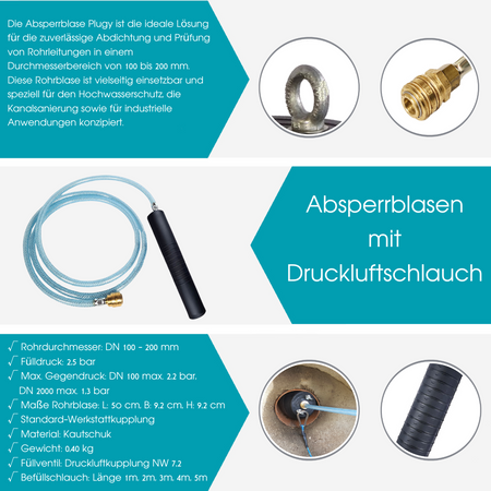 Pipe sealing bladder Plugy DN 100-200 (2,5 bar) with 1-5 m compressed-air hose