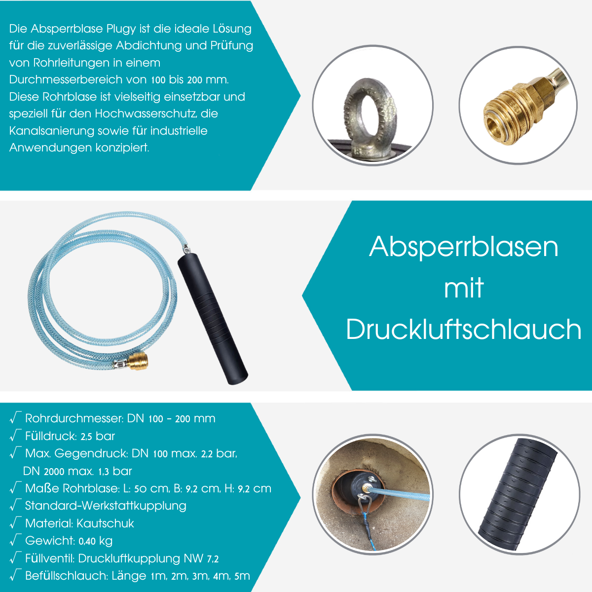 Pipe sealing bladder Plugy DN 100-200 (2,5 bar) with 1-5 m compressed-air hose
