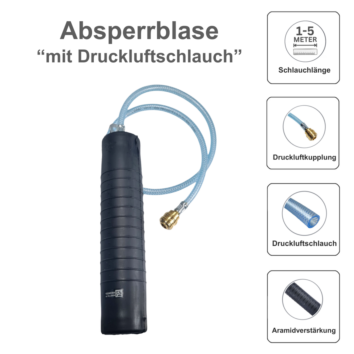 Rohr-Absperrblase Plugy DN 70-150 (2,5 bar) mit 4m Druckluftschlauch - Syskan - Online Shop: Abwassertechnik