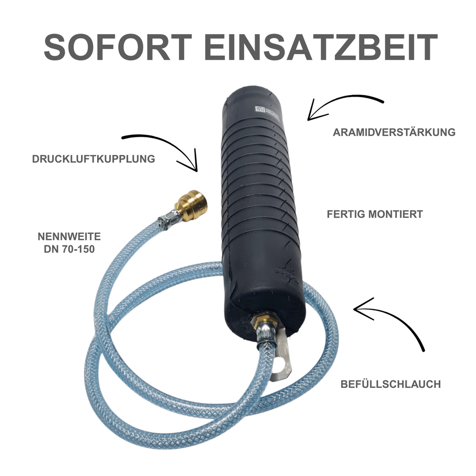 Rohr-Absperrblase Plugy DN 70-150 (2,5 bar) mit 2 m Druckluftschlauch - Syskan - Online Shop: Abwassertechnik