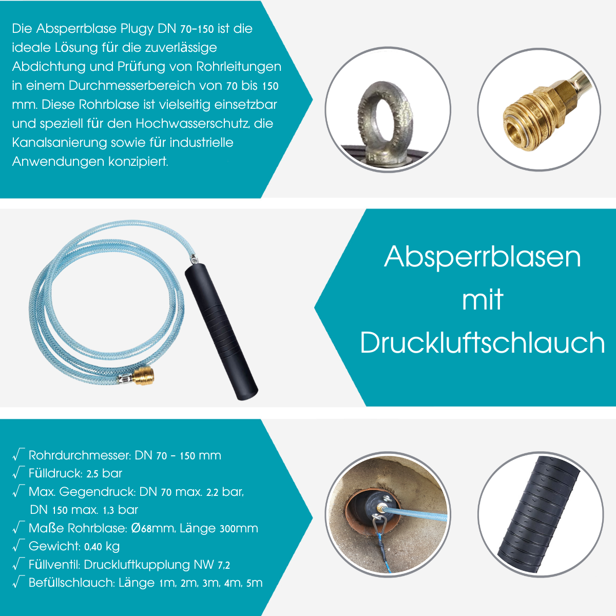 Rohr-Absperrblase Plugy DN 70-150 (2,5 bar) mit 4m Druckluftschlauch - Syskan - Online Shop: Abwassertechnik