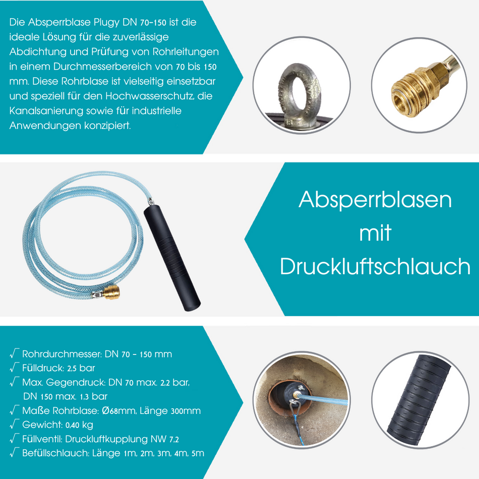 Rohr-Absperrblase Plugy DN 70-150 (2,5 bar) mit 1 m Druckluftschlauch