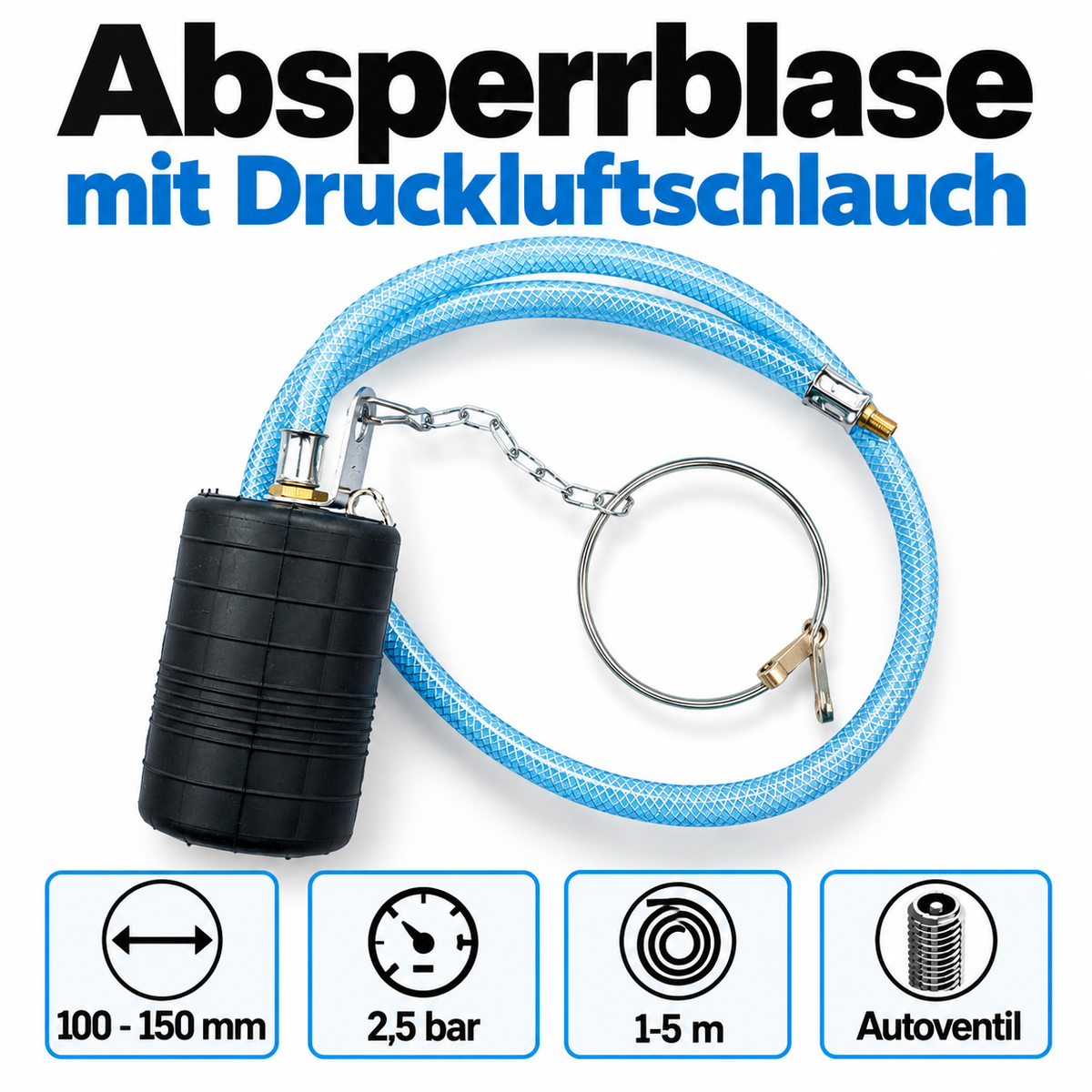 Rohr-Absperrblase Plugy Z4-6 mit Reifenventil und 1-5 m Druckluftschlauch