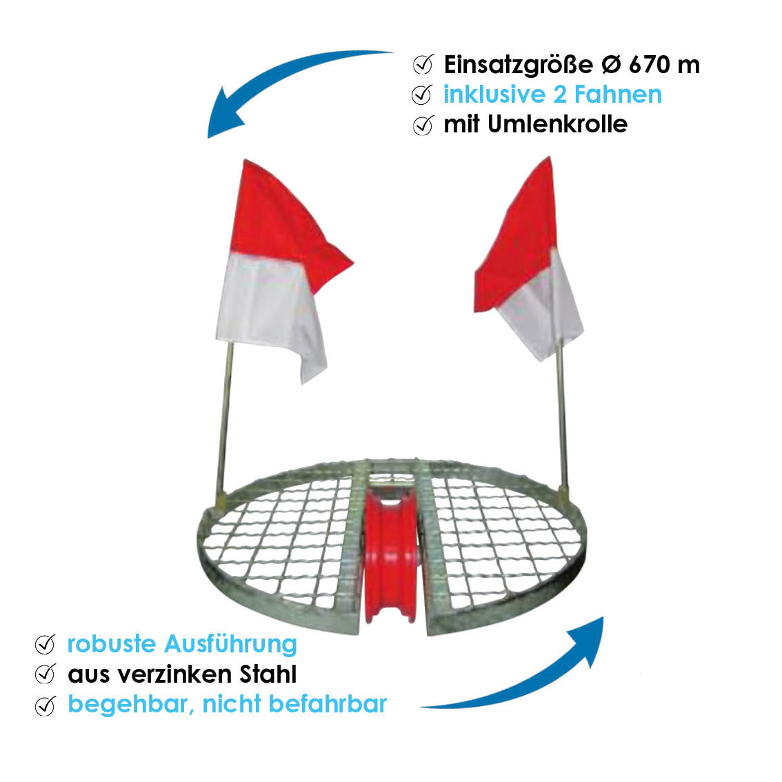 Schachtgitter SG010 Ø 670 mm Schachtabdeckung mit Umlenkrolle (mit Fahnen)