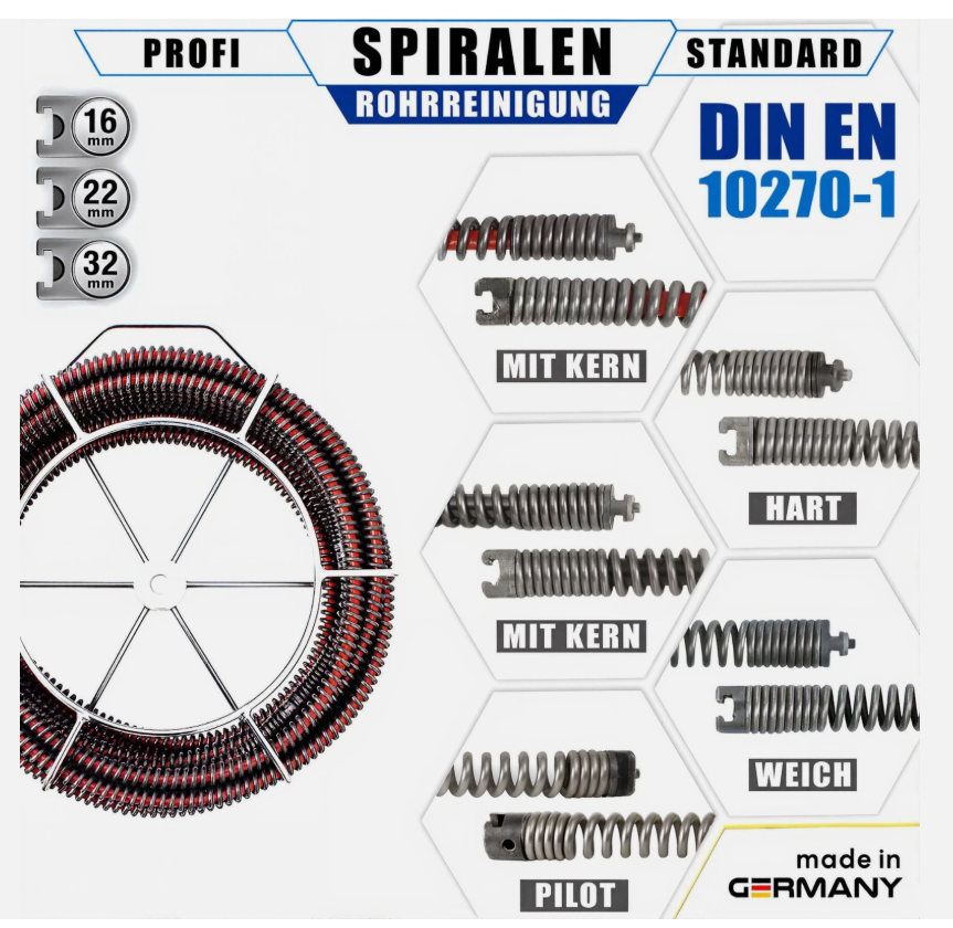 Rohrreinigungsspirale 16 mm x 2,3 m lang, weich mit Kern